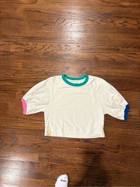 Rosenthal White Short Sleeve Top with Green Neckline and Pink & Blue Cuffs